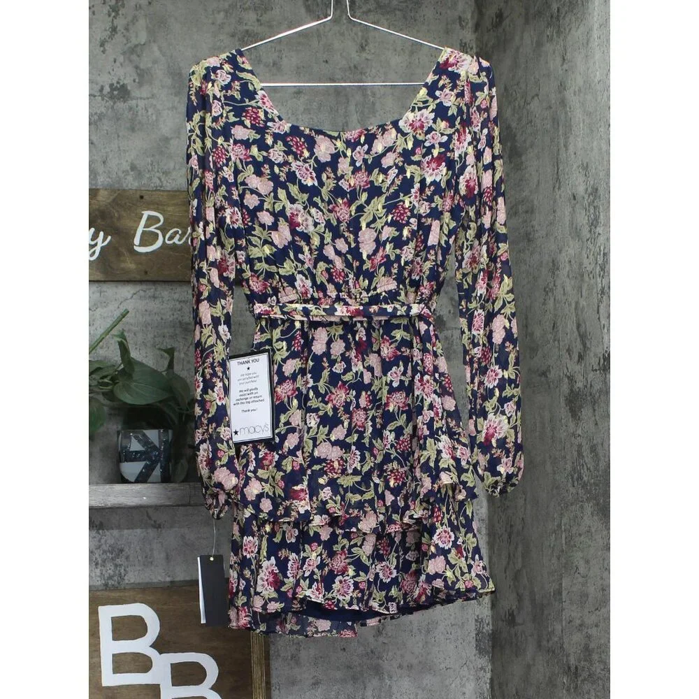 NWT City Studio Square-Neck Fit Flare Shear Lined Dress Navy Blue Multi S